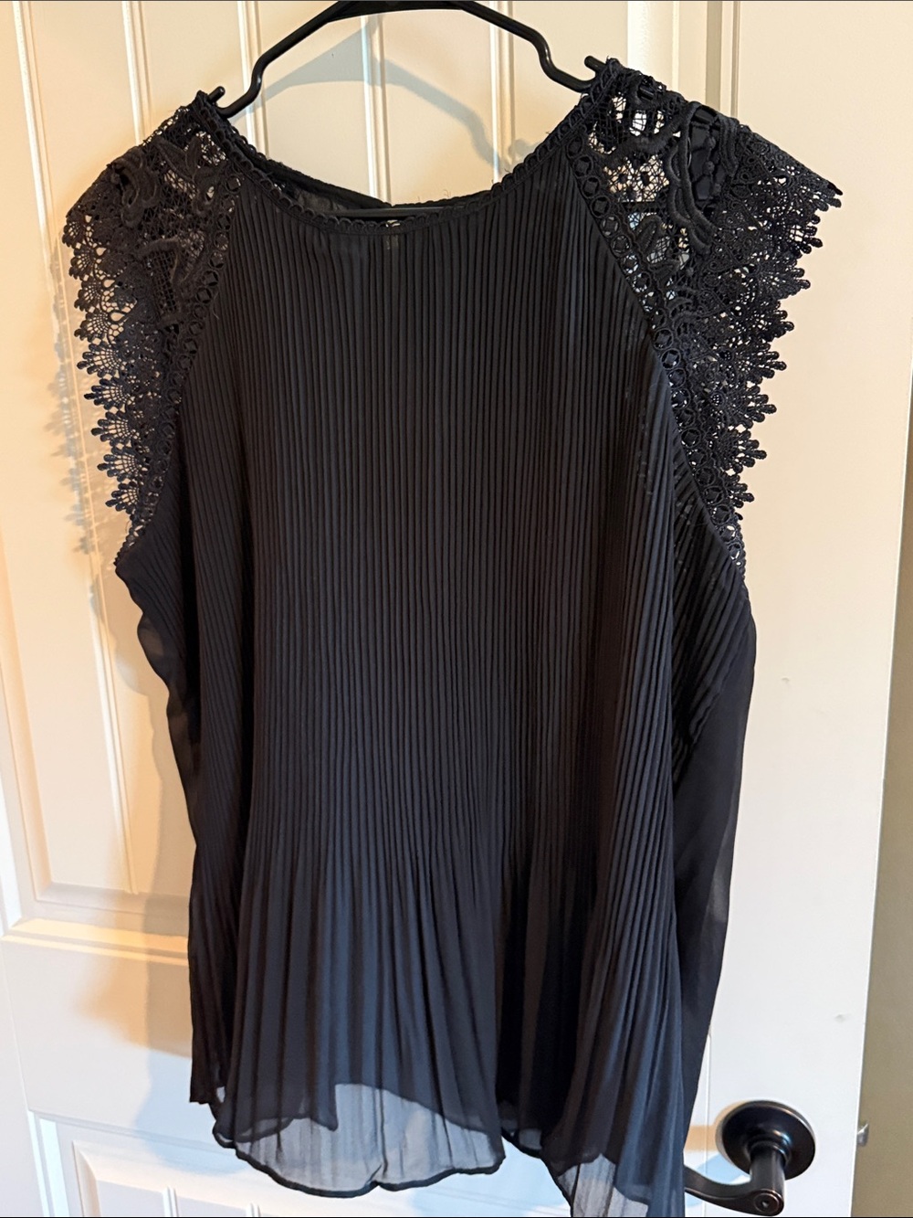 Women’s Black Pleated Lace-Trim Blouse with Cap Sleeves